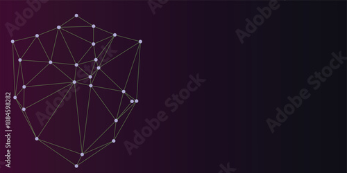 Abstract digital shield or geometric shape made of connected glowing dots and lines on a dark gradient background, representing technology and security concept