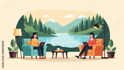 Two people work on laptops from comfortable chairs with a scenic mountain lake view