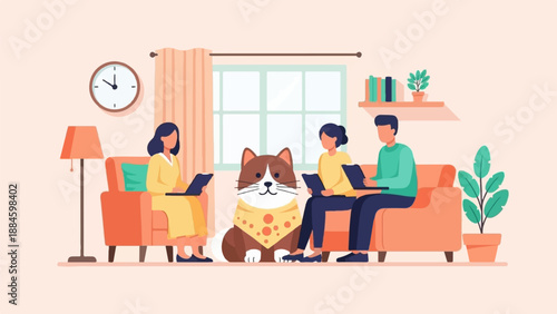 Modern living room with people and cat, everyone on laptops