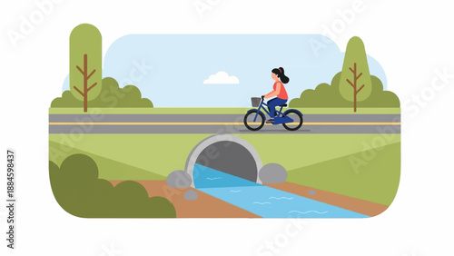 Person cycles over a bridge across a stream in a park setting