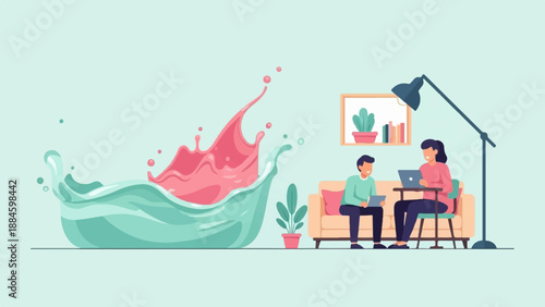 Two people work on laptops while liquid splashes