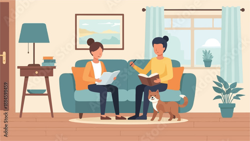 Two people and a dog read in a cozy living room with plants and a lamp