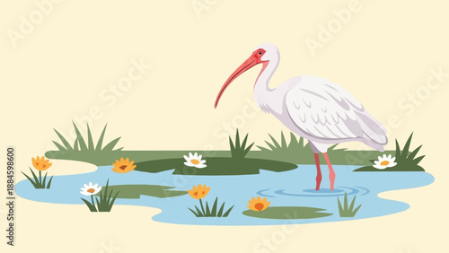 White ibis stands in shallow water surrounded by lily pads and flowers