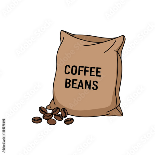 Brown Sack of Coffee Beans with Scattered Beans