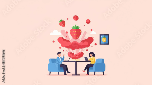 Two people sit at a table between blue chairs, with a strawberry explosion above