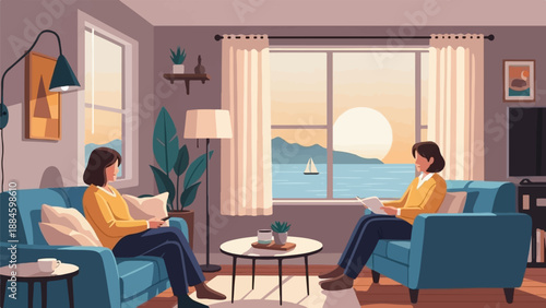 Two people relax in a cozy living room with a sea view