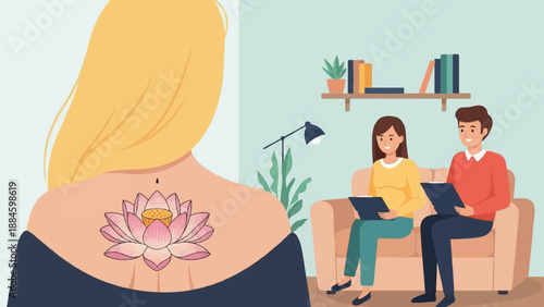 Woman with lotus tattoo on back receives therapy from two professionals