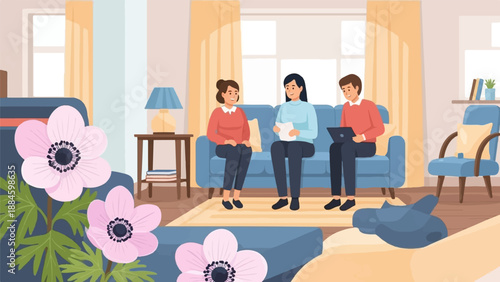 Three people sit on a couch in a room with flowers and furniture