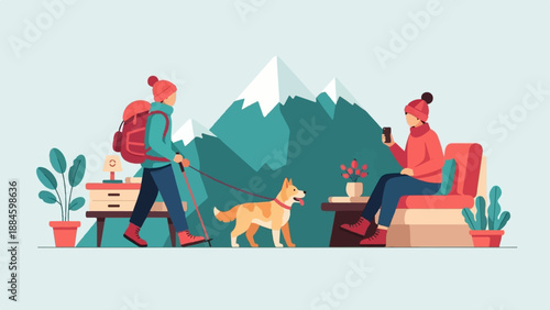 Two people and a dog in a mountain landscape with indoor elements