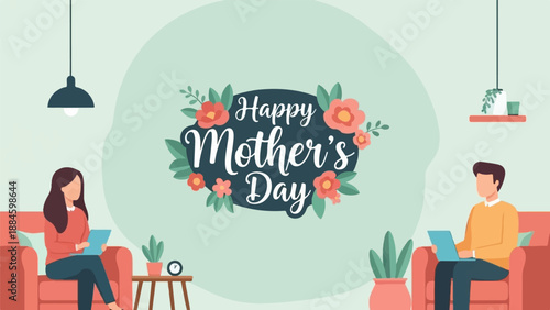 People celebrating Mother's Day remotely with floral greetings in a cozy room