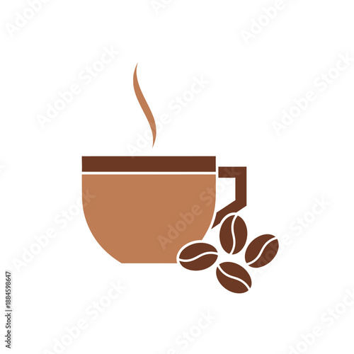 Coffee Cup With Steam and Beans Icon, Simple Flat Design