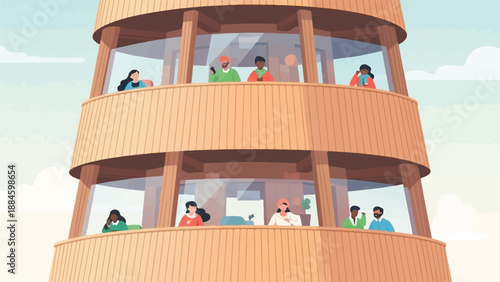 People in a circular building with observation decks and sky views
