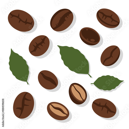 Coffee Beans and Leaves Isolated on White Background - Flat Design