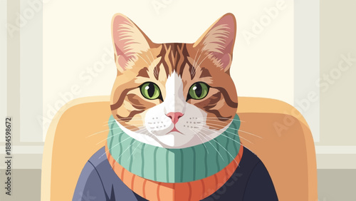 Pixel art tabby cat with green eyes and a cozy scarf sits in an armchair