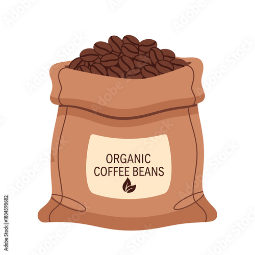 Brown burlap sack overflowing with roasted organic coffee beans, isolated on white background.