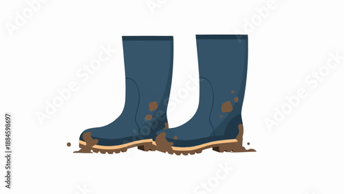 Pair of muddy blue rubber boots isolated on a white background