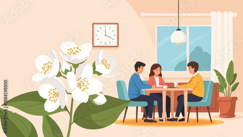 People enjoying coffee indoors with jasmine flowers and plants
