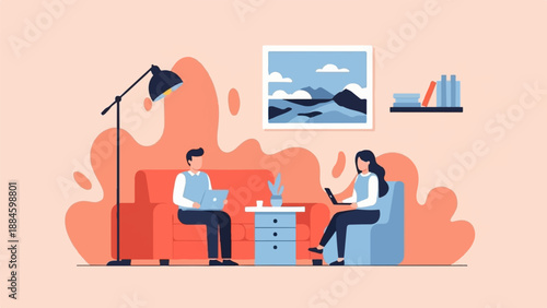 Two people work on laptops in a stylish living room, with art and books