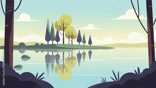 Peaceful reflection of trees and clouds on still water
