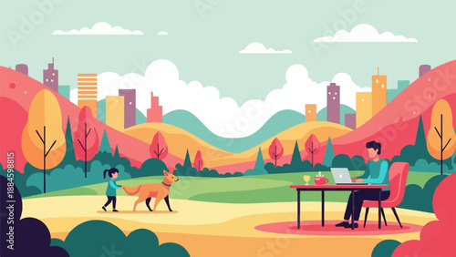 Vibrant park scene with city skyline, a person working, and a child walking a dog