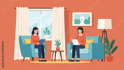 Two women sit in armchairs in a room, each using a tablet