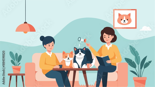 Two people and two pets relax indoors with plants and a painting of a pet