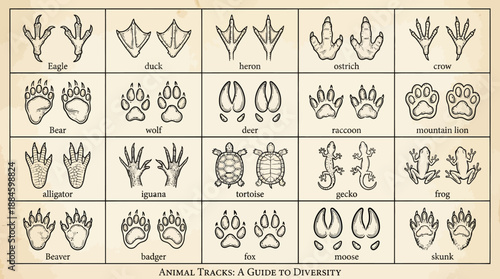 Field Guide to Animal Tracks – 25 Labeled Footprint Illustrations for Wildlife Identification, Nature Education, and Outdoor Tracking Reference Use