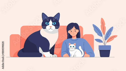 Person with two cats and a plant on a sofa