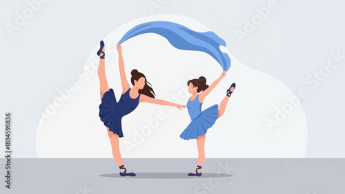 Two female dancers in blue tutus gracefully perform a ballet pose