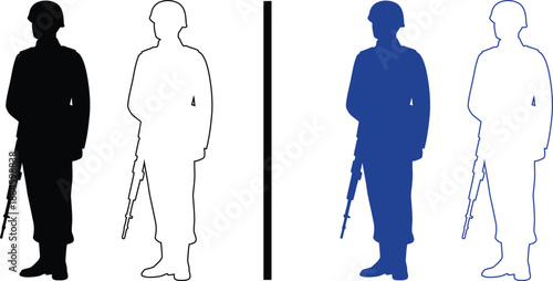 Full body military soldier silhouette icons set with rifle for army vector illustration