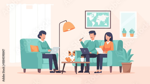 Three people and a corgi dog relax on a couch, working on laptops and papers