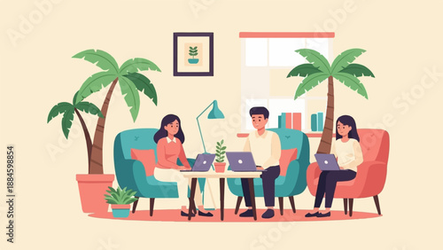 Relaxed individuals working on laptops in a bright, plant-filled room