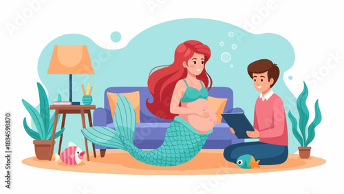 Pregnant mermaid and man looking at tablet in cozy room