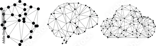 Abstract network connection icons geometric shape, human brain, and cloud computing concept with dots and lines