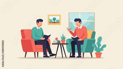 Two men sitting in armchairs, reading and discussing books