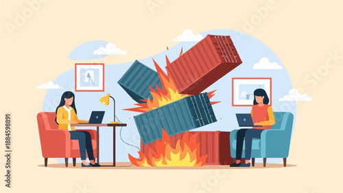 Two people work on laptops with shipping containers exploding behind them