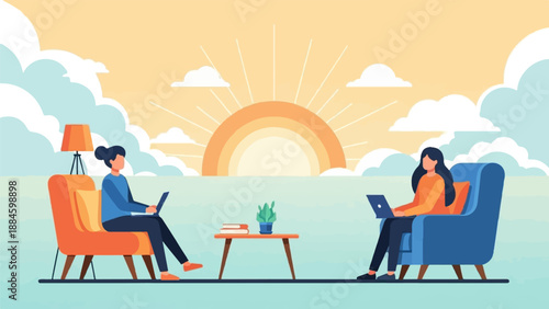 Two women working on laptops in comfortable chairs at home with a sunrise backdrop