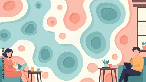 People working remotely with a dog and plants in a vibrant, abstract layered environment