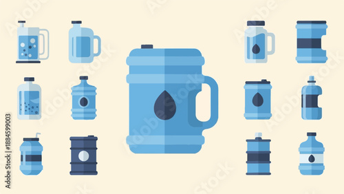 Various blue containers for water jugs, bottles, barrels, mugs