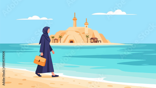 Woman in hijab walks on beach towards island with towers and huts