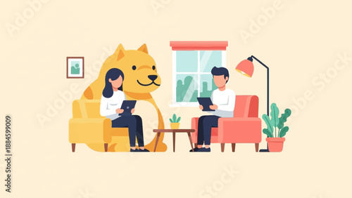Two people and a large dog sit on sofas using tablets