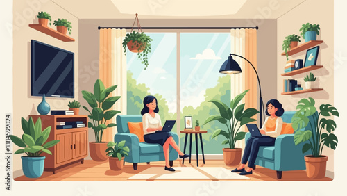 Two women working on laptops in a sunlit living room with plants