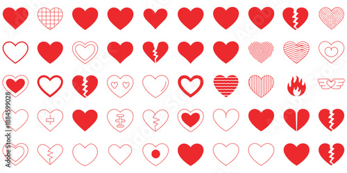 Hearts icon set, hand drawn heart shapes, cute love symbols pack, sketch style vector illustration for digital social media branding