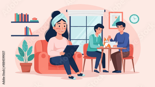 People relax at home one with a face mask, others with a dog