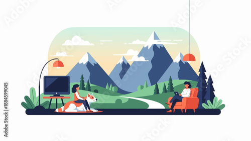 Two people and a dog enjoying a cozy indoor scene against a mountain landscape backdrop