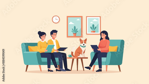 Three people and a dog sit on couches in a room with art and a clock