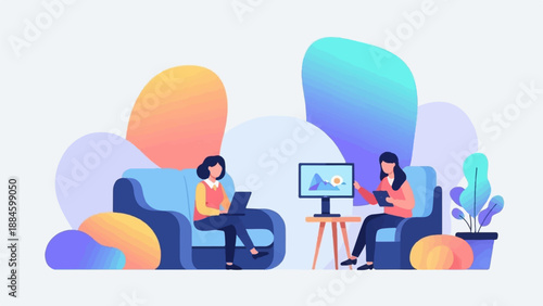 Two people sitting in comfy chairs, working on laptops and tablets