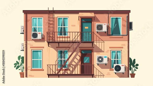Pixel art of a brick building with fire escapes and air conditioners