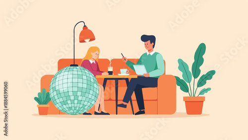 Two people on sofa with disco ball, table, and plants
