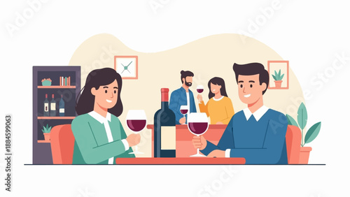 People enjoying wine at a restaurant with a bottle and glasses